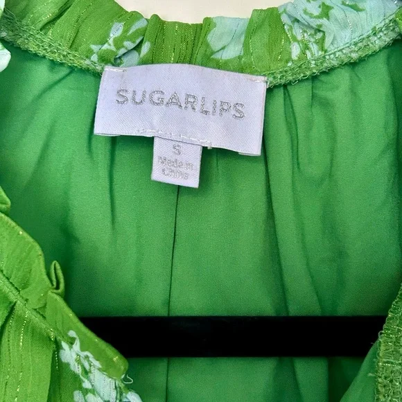 Sugarlips Kelly Green Floral Split Frilled Tie Neck Tiered Long Sleeve Dress - Picture 4 of 16